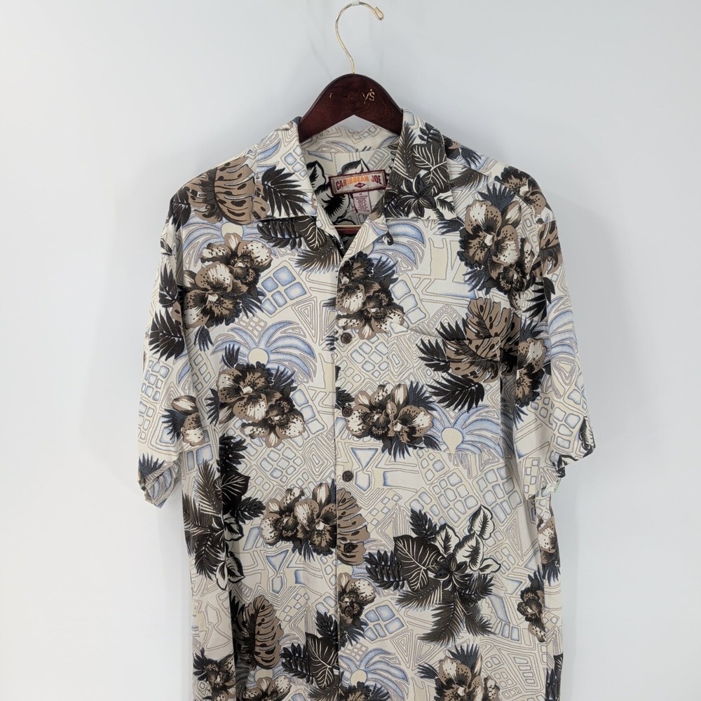 Caribbean Joe‎ Comfort Beachwear Short Sleeve Floral Hawaiian Shirt Ivory Size M